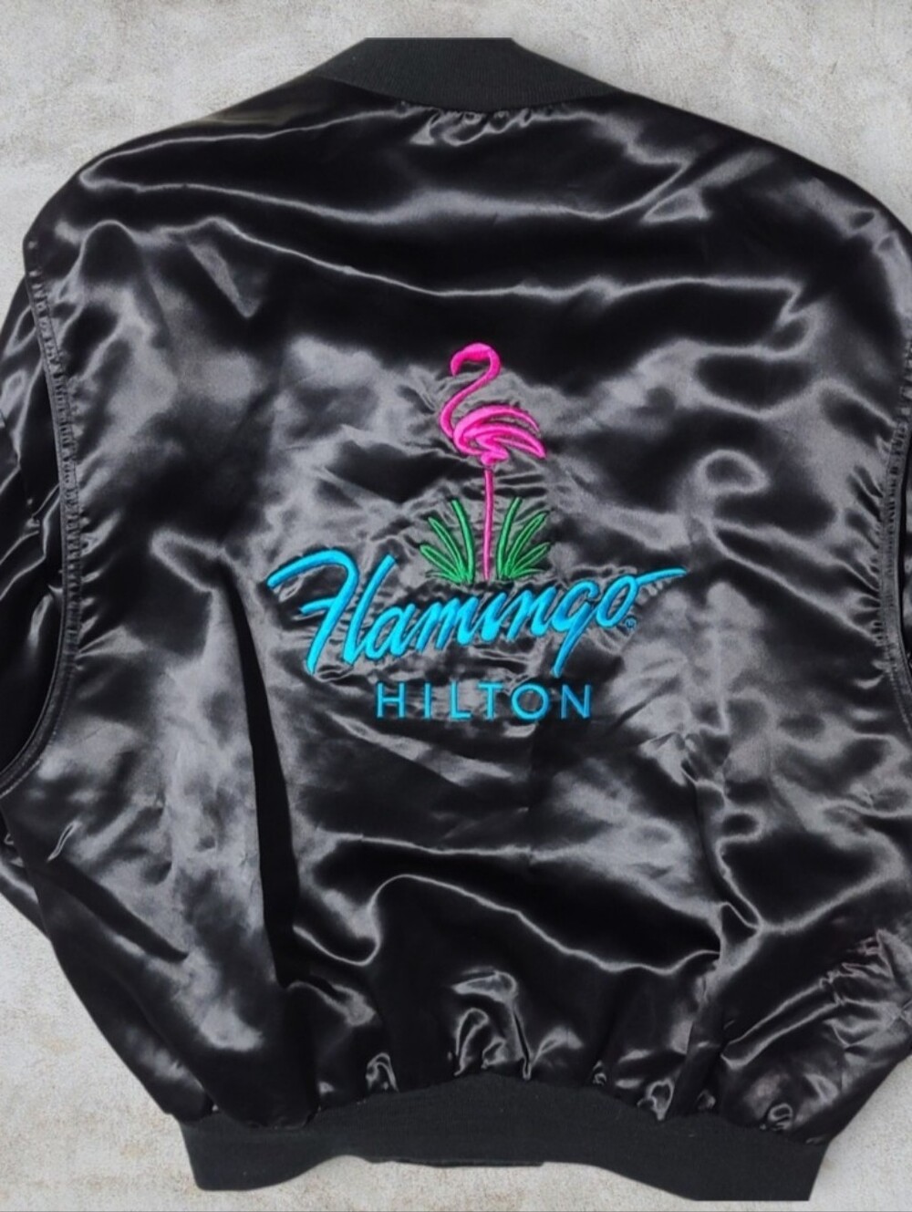 Vintage 80s 90s Flamingo Hilton Las Vegas Satin Bomber Jacket Embroidered L